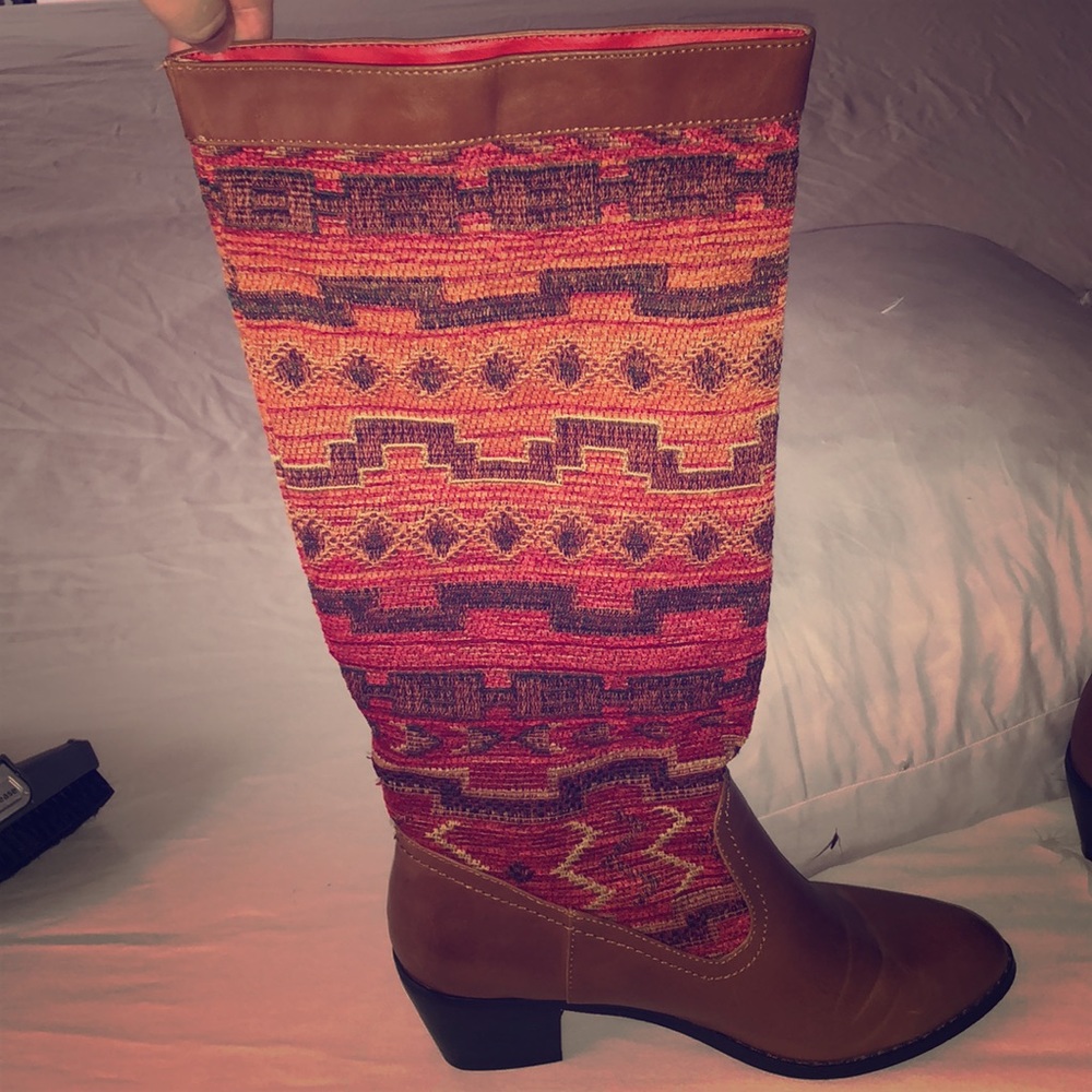 Colorful Aztec and cognac knee high boots